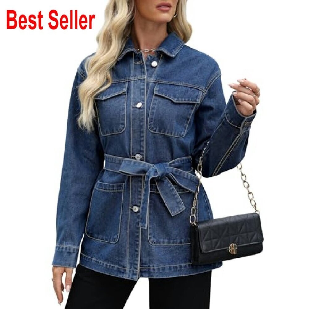 Oversized Denim Jacket Mid Long Classic Chic Trendy With Belt Pockets - Picture 6 of 7